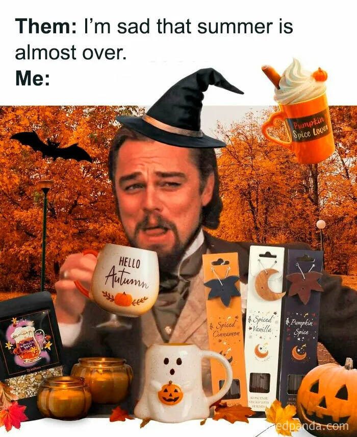 Leonardo DiCaprio wearing a witch hat surrounded by fall items for spooky season memes