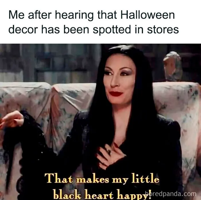 Morticia Addams smiling about Halloween, highlighted in spooky season memes