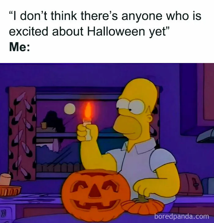 Spooky season meme featuring Homer Simpson lighting a jack-o-lantern with a lighter.