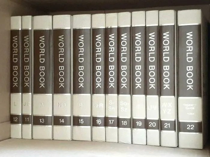 World Book encyclopedia volumes on a shelf 80s nostalgia