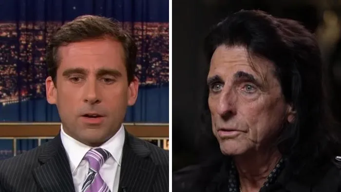 Side-by-side comparison of celebrity lookalikes Steve Carell and Alice Cooper.