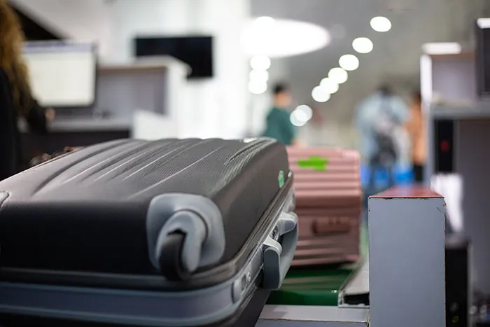 Luggages on airport baggage carousel during security checks