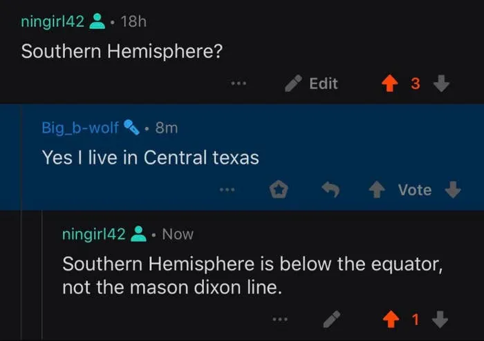 Online chat confusing the Southern Hemisphere with Texas, showing bad geography and Freedom Of Speech examples.