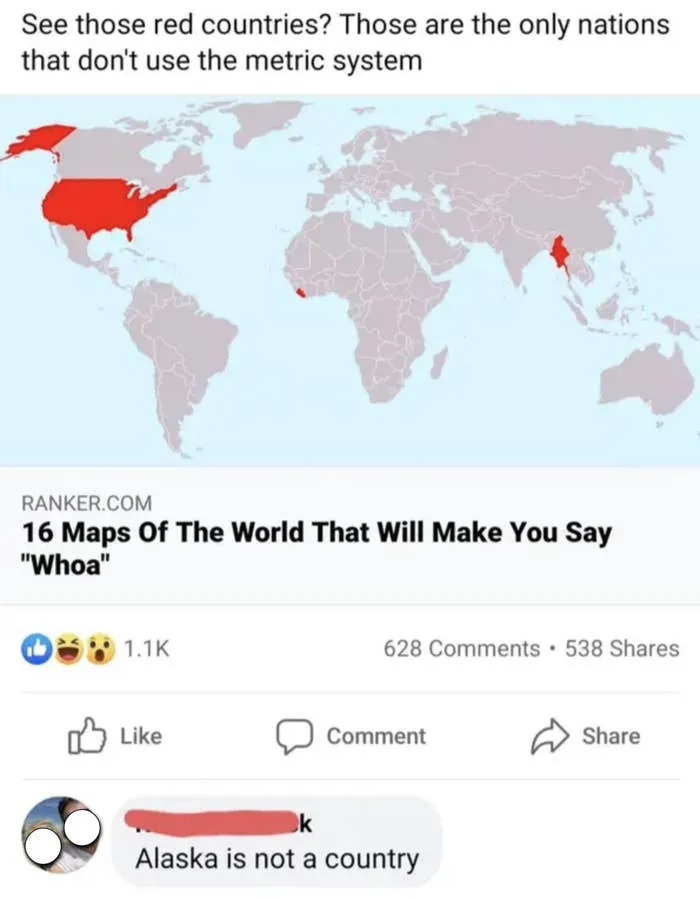 Map post showing a poor attempt at freedom of speech with a comment claiming Alaska is not a country