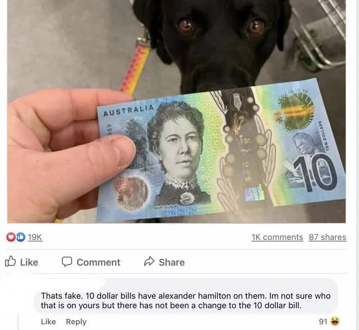 Commenter displaying freedom of speech by calling an Australian ten dollar bill fake.