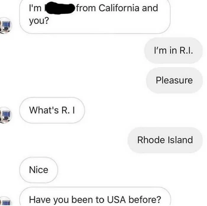 Text conversation where someone asks if Rhode Island is outside the USA, testing freedom of speech.