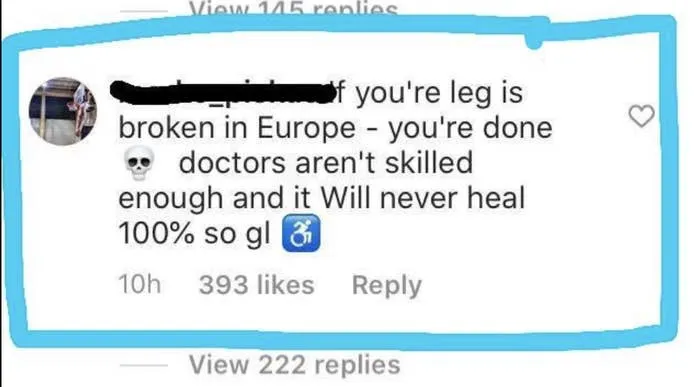 Screenshot of an absurd comment testing the limits of freedom of speech about European healthcare
