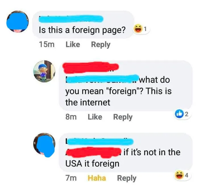 Social media thread demonstrating misuse of freedom of speech by assuming everything outside USA is foreign