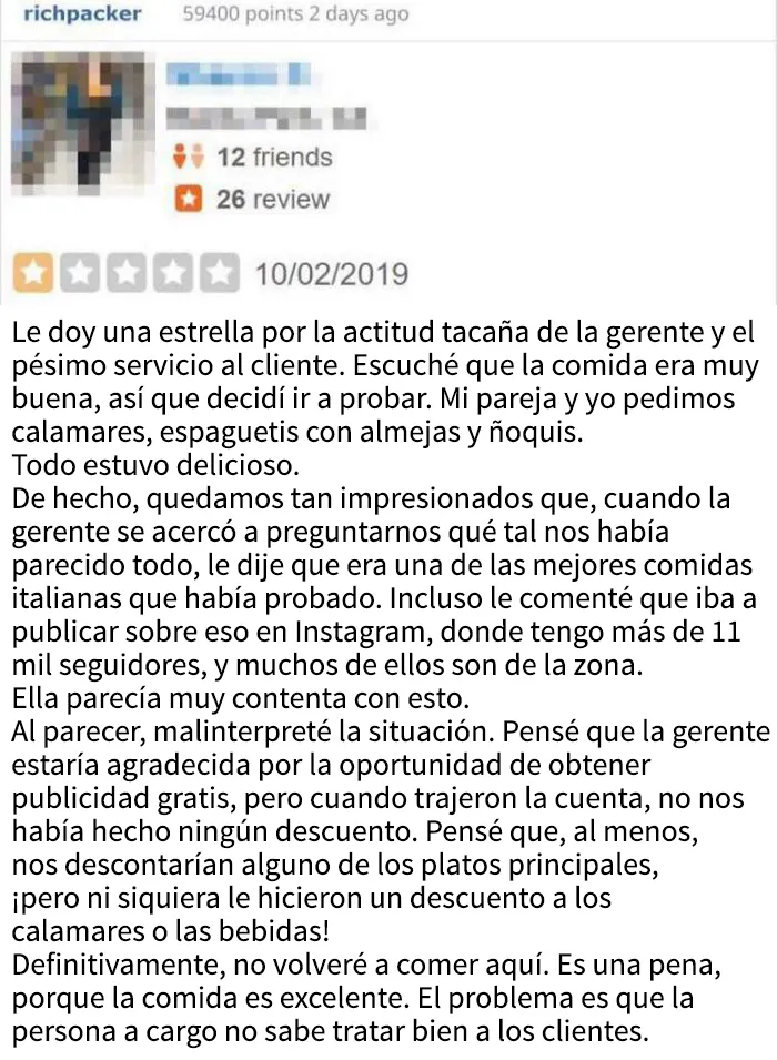 Una razón perfectamente válida para dejar una mala reseña