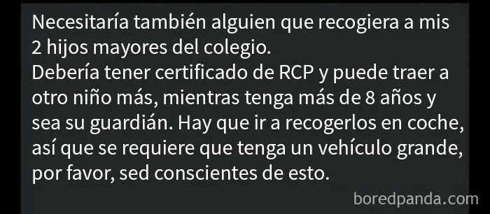 Ven a cuidar a mis 5 hijos por unos centavos por hora + una oportunidad de obtener un descuento en mis productos de esquema piramidal. Debes tener tu propio vehículo extra grande para llevarlos por todas partes