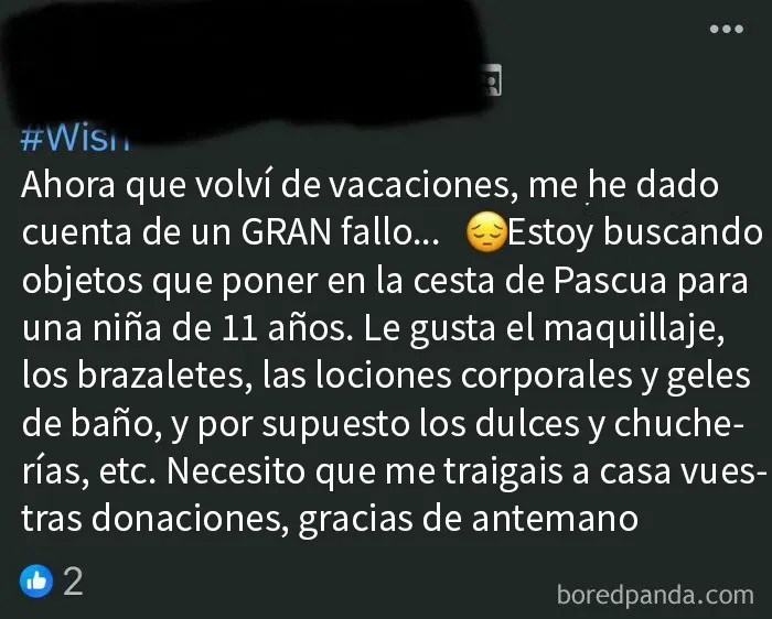 Se va de vacaciones y no tiene dinero para regalos de Pascua de su hija, así que pide que la gente le done cosas y las lleven a su casa