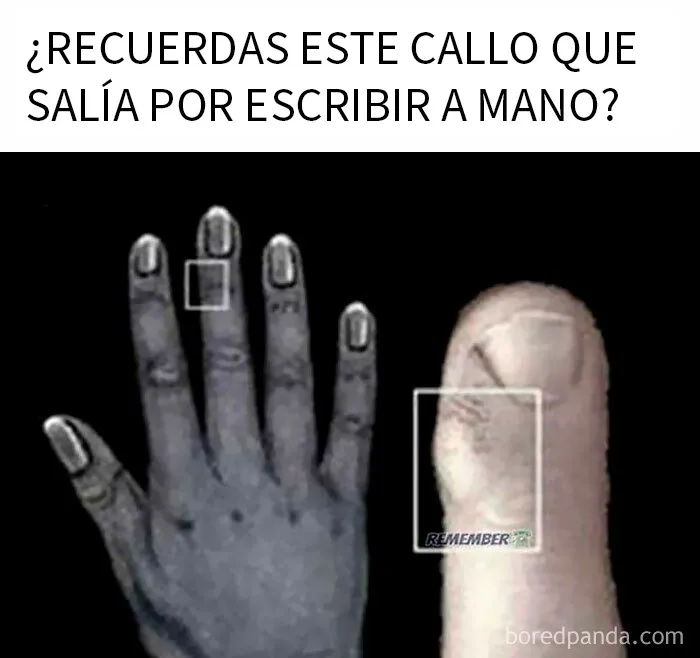 Callos en los dedos por escribir a mano, nostalgia de publicaciones del pasado para mayores que recuerdan épocas anteriores.