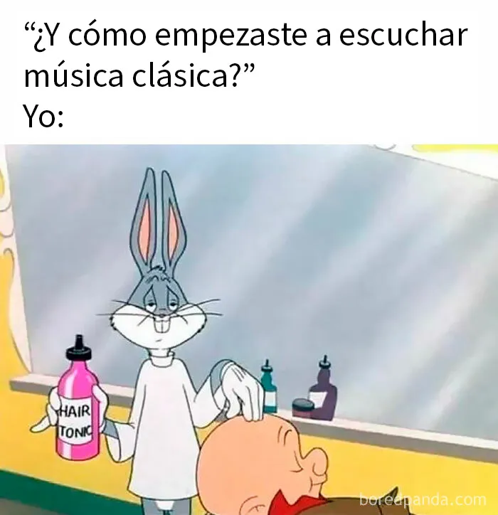 Bugs Bunny con tónico para el cabello en una barbería, imagen relacionada con publicaciones del pasado para mayores.