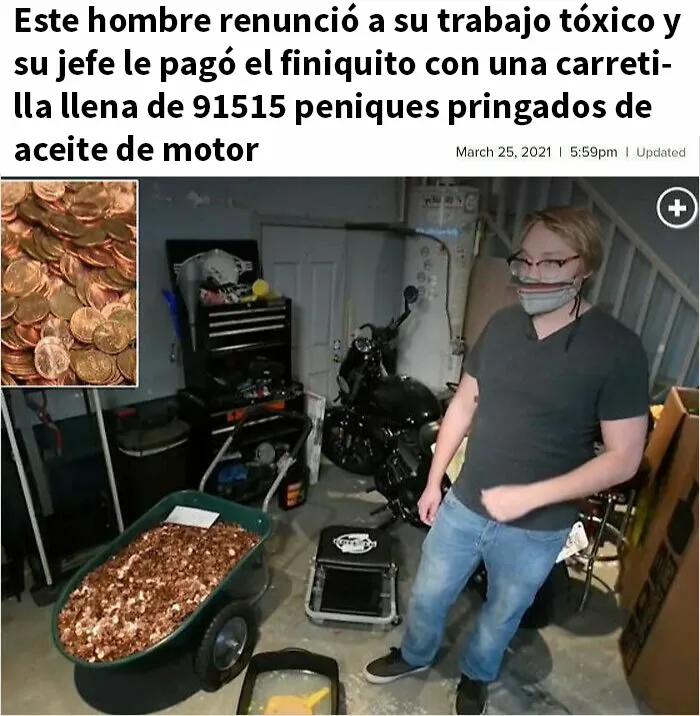 Jefe de trabajo tóxico paga a su ex empleado con peniques cubiertos de aceite de motor