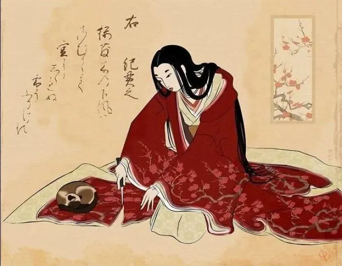 Antiguo grabado japonés: mujer cortando la tela de su ropa para no despertar a su gato