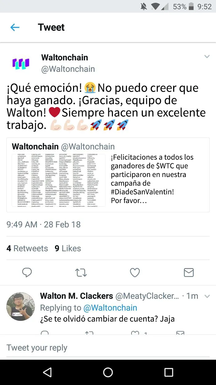 El community manager de Waltonchain se equivoca de cuenta en Twitter y termina proclamándose ganador de su propio sorteo
