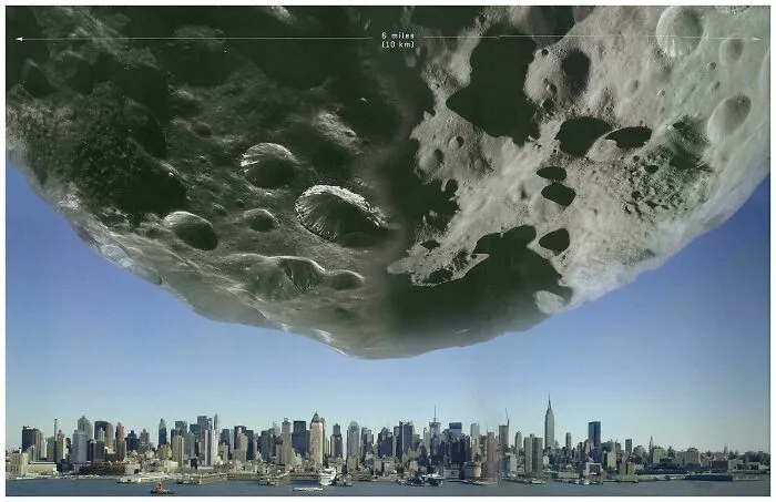 El asteroide Chicxulub que impactó en la Tierra hace 66 millones de años y acabó con los dinosaurios, proyectado sobre el centro de Manhattan