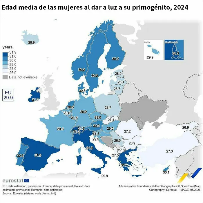 En la UE, la edad media de las mujeres al tener su primer hijo fue de 29,9 años en 2024.