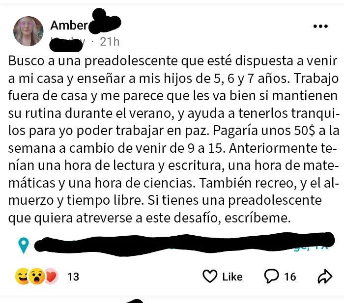 Mujer busca preadolescente para cuidar a sus 3 hijos por $50 a la semana