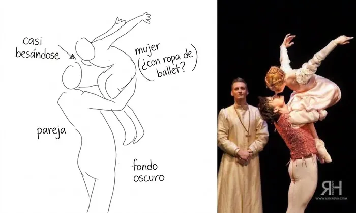 Ayúdame a encontrar este cuadro de una persona que sostiene en alto a una mujer —con los brazos de ella hacia atrás— contra un fondo oscuro.