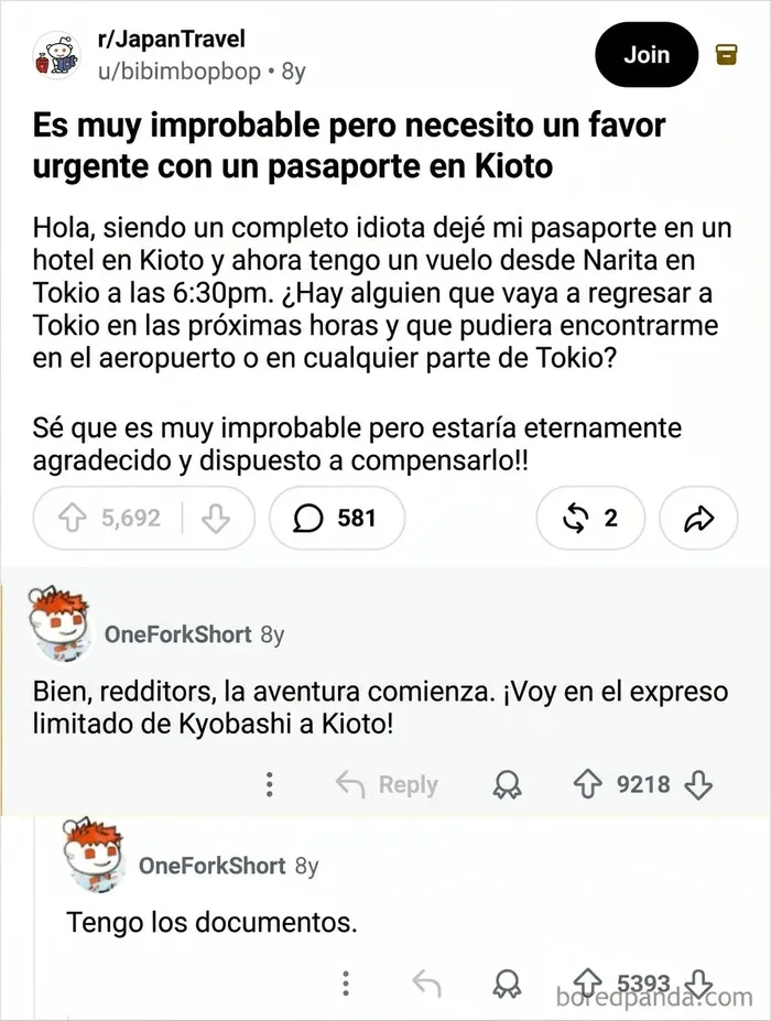 Una usuaria de Reddit olvidó su pasaporte en un hotel de Kioto, tenía un avión que tomar en Tokio en 6 horas, U/Oneforkshort lo recogió y se lo entregó en 4 horas.