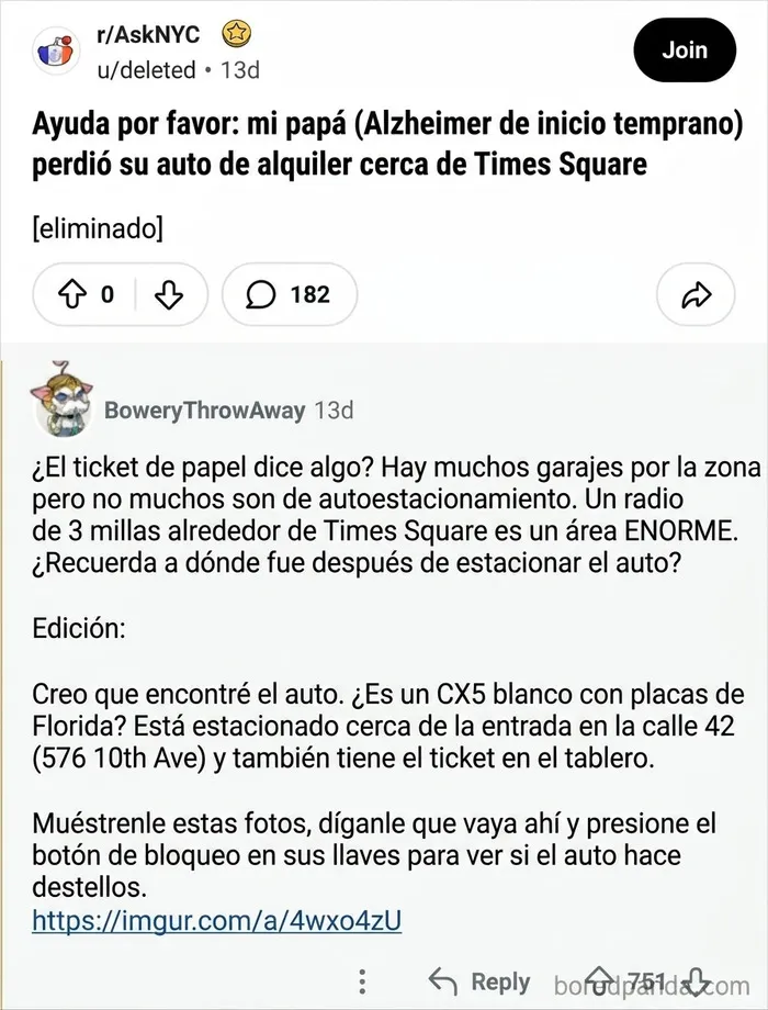 Un usuario encuentra un coche de alquiler perdido en Nueva York por el padre de otro usuario de Reddit, que padece Alzheimer de inicio temprano