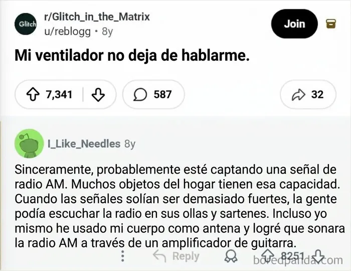 Un usuario de Reddit oye voces que provienen de su ventilador eléctrico y cree que se está volviendo loco. Otro usuario de Reddit explica que probablemente esté captando una señal de radio AM.