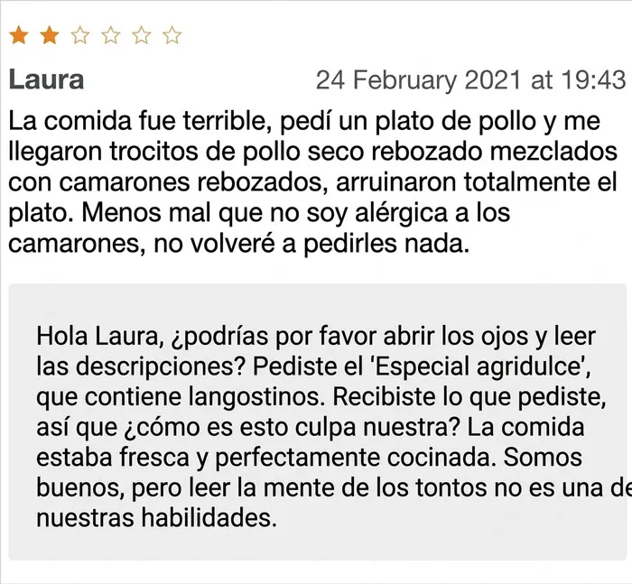 Restaurante chino respondiendo a una reseña