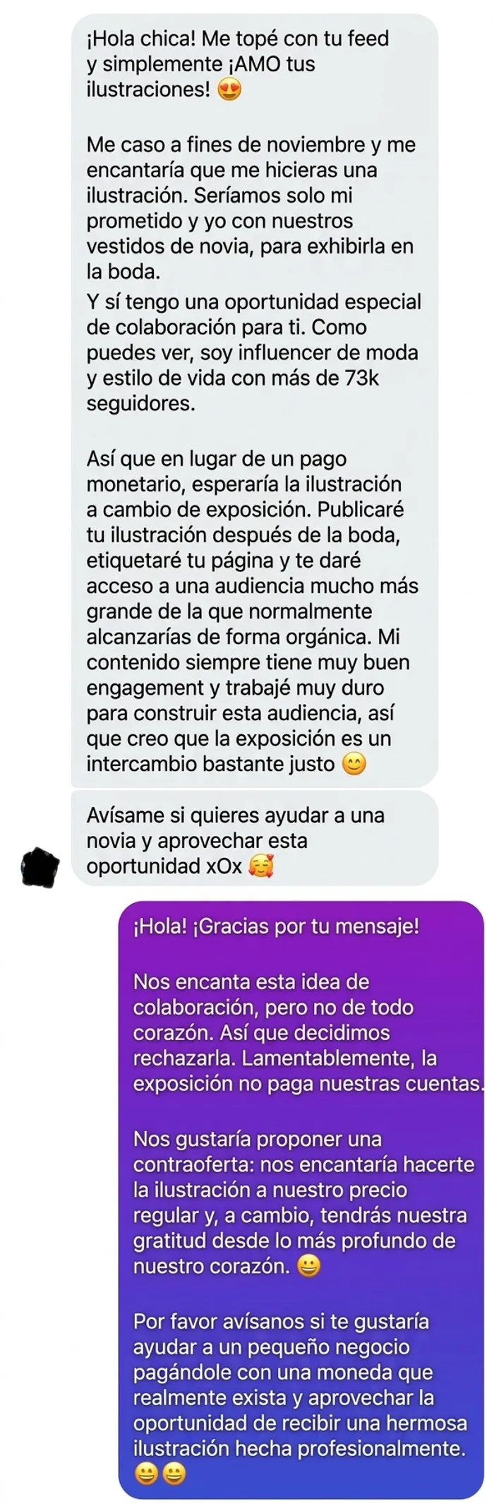 Novia influencer pidiendo una obra de arte gratis