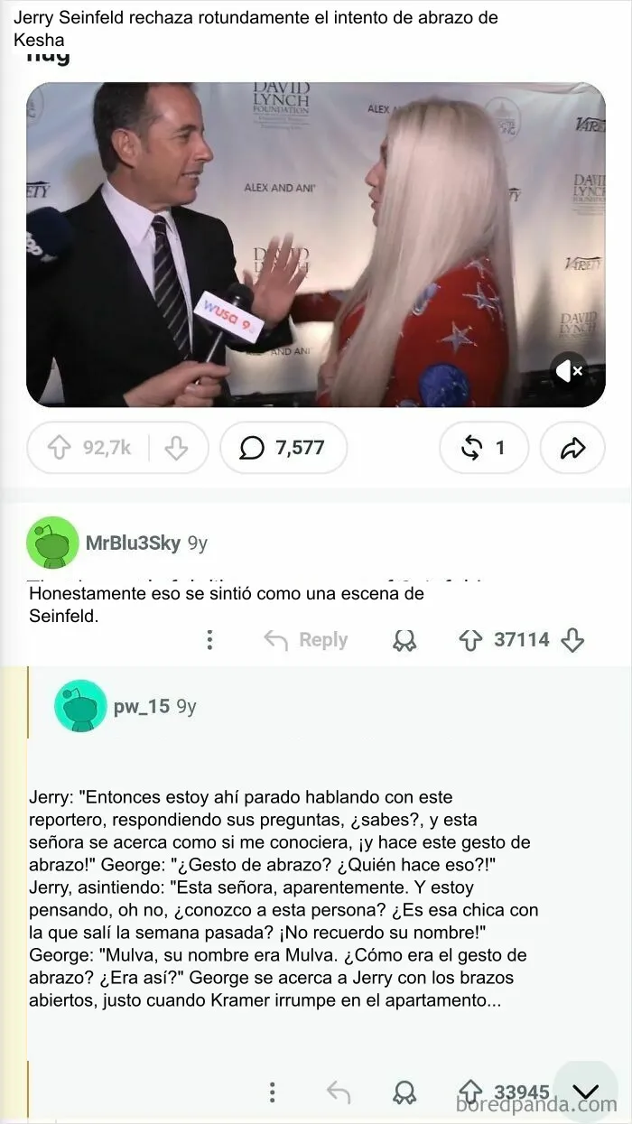 Jerry Seinfeld rechaza el abrazo de Kesha, y varios usuarios recrean la escena perfecta de Seinfeld a partir de ello