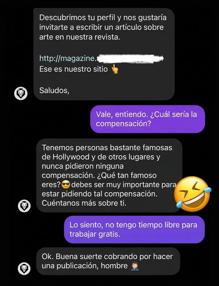 Esta revista me pide que escriba para ellos y esto responden cuando pregunto por la paga
