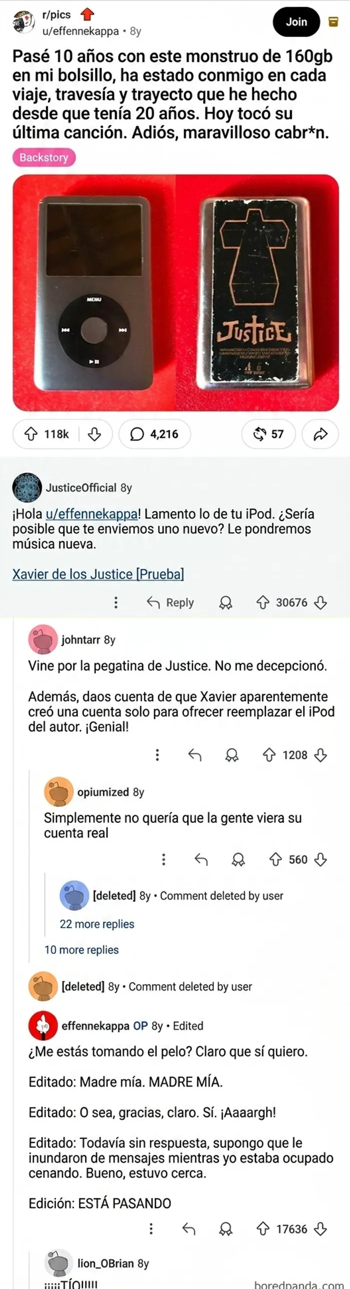Un usuario publica una foto de su querido iPod averiado, con 10 años de antigüedad y una pegatina de la banda Justice en la parte trasera. Un miembro de Justice aparece en los comentarios, ofreciéndole al usuario un iPod nuevo.