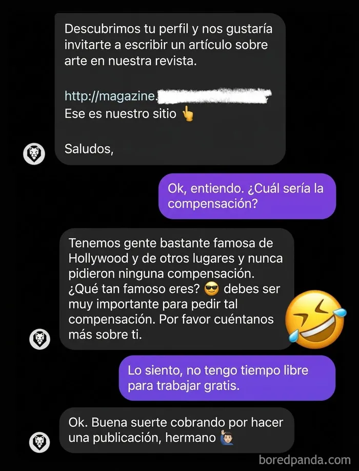 Una revista me pidió que escribiera para ellos, y esta fue su respuesta al pedir compensación
