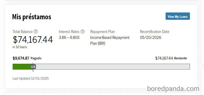 Saldo de mi préstamo universitario. Empecé debiendo $49,000 y ya llevo varios años pagándolo