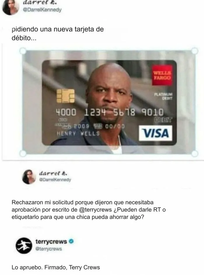 Captura de pantalla con comentarios más graciosos sobre una tarjeta de débito con Terry Crews.