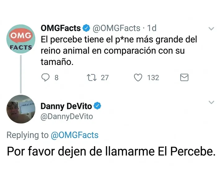 Meme divertido con un tuit gracioso de Danny DeVito bromeando sobre datos del reino animal.