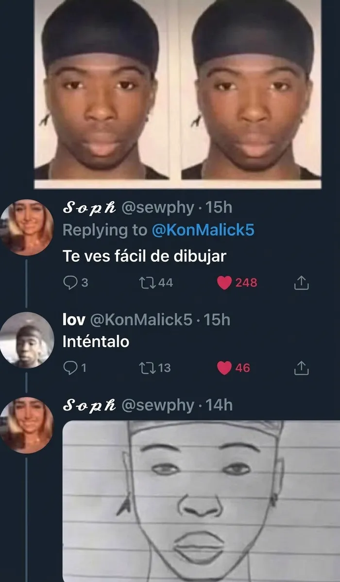 Captura de pantalla con comentarios graciosos en Twitter sobre el dibujo rápido de una persona.