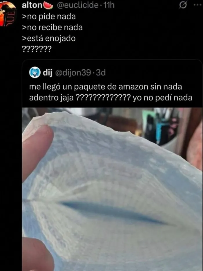 Captura de pantalla con uno de los comentarios más graciosos sobre un paquete de Amazon vacío.