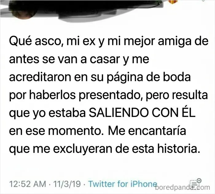 Mensaje sobre la infidelidad de un ex y una amiga en situaciones incómodas de bodas