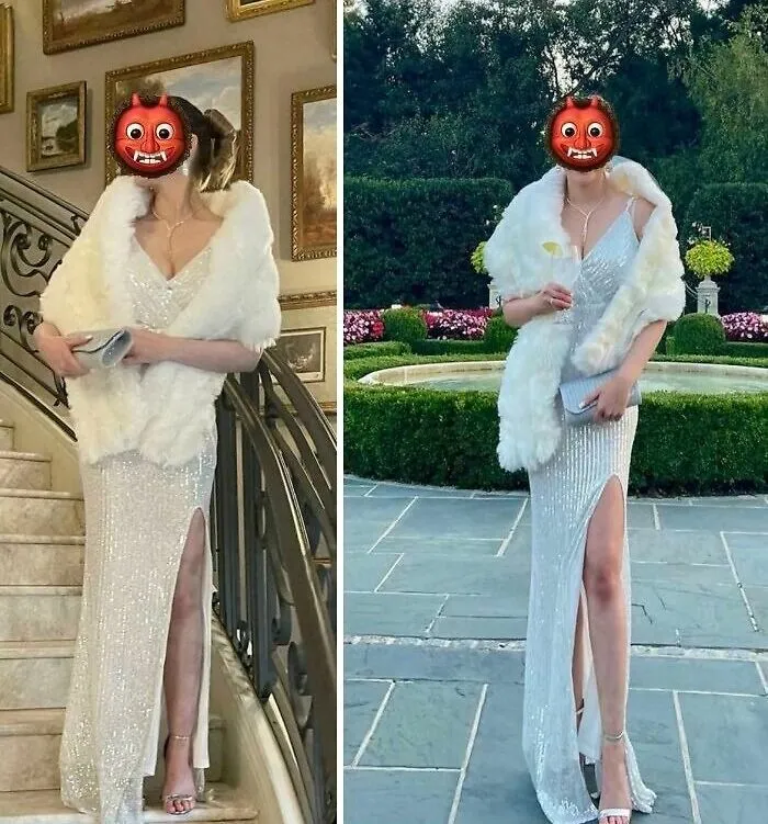 Invitada a bodas vestida con un vestido blanco brillante y chal de piel sintética