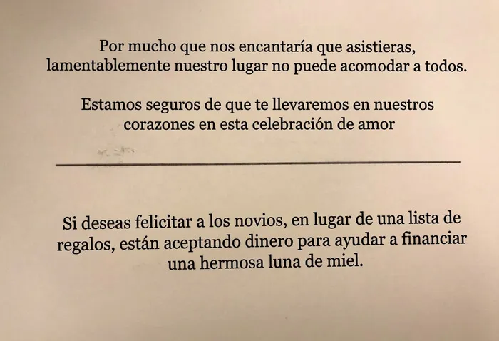 Nota de invitación a bodas solicitando dinero