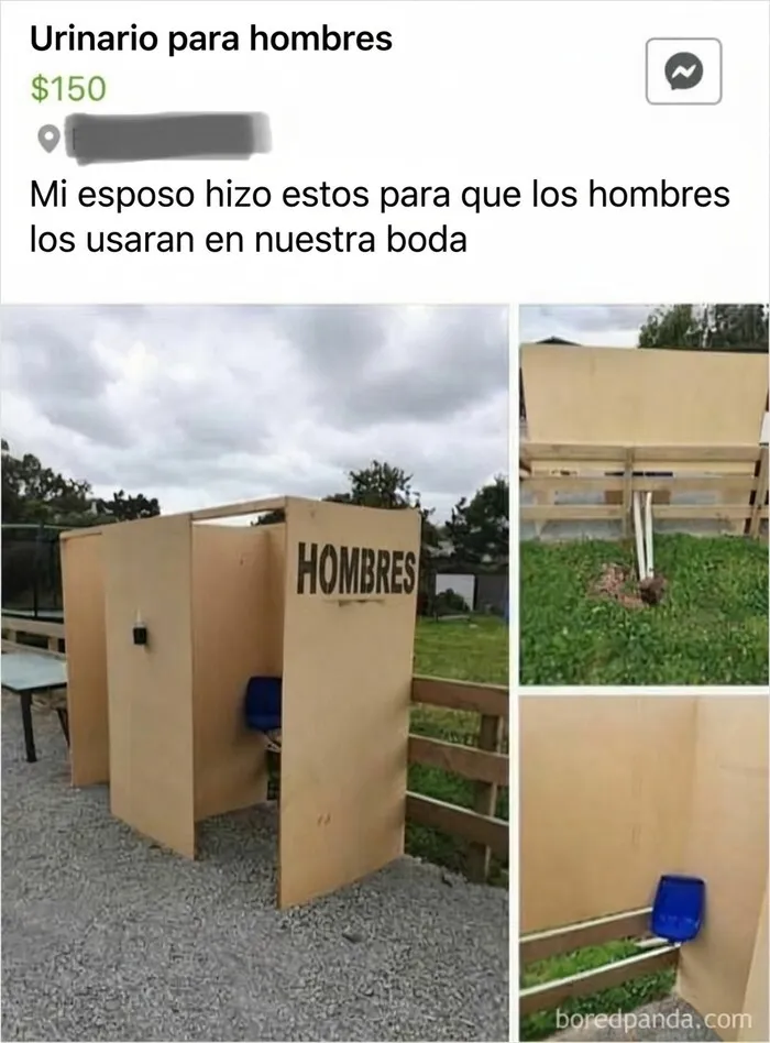 Urinario improvisado de madera instalado para los invitados en bodas.