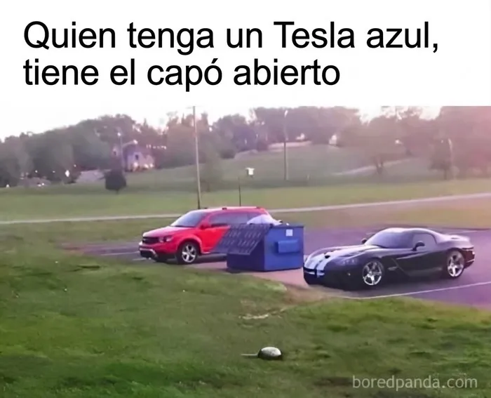 Contenedor de basura azul junto a coches en memes sobre paletos americanos