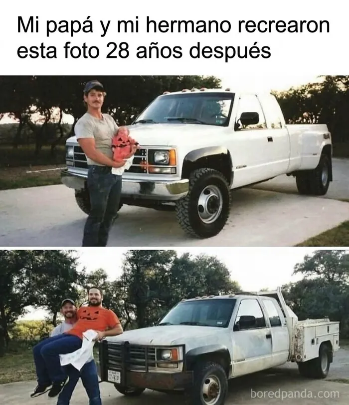 Padre e hijo recrean una foto 28 años después junto a camioneta en memes sobre paletos americanos