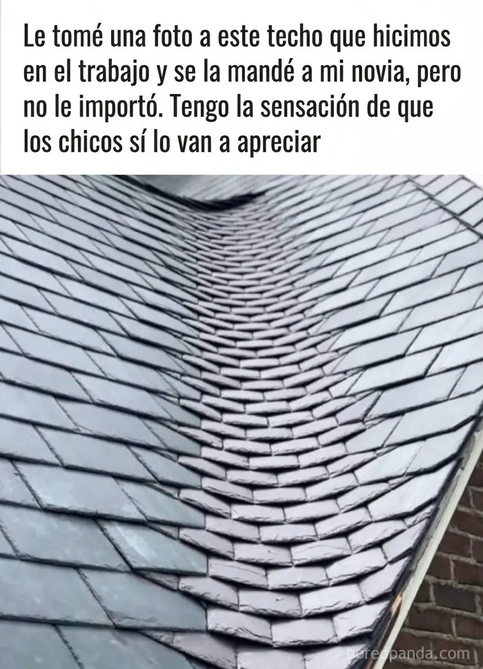 Meme sobre paletos americanos mostrando un tejado de tejas instalado perfectamente.