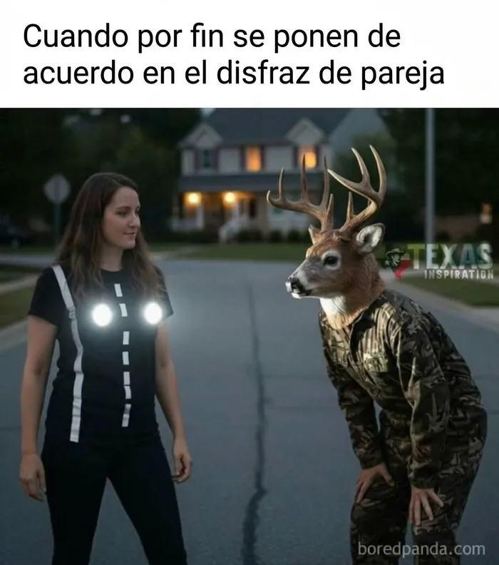 Gracioso meme sobre paletos americanos disfrazados de ciervo y faros de coche.