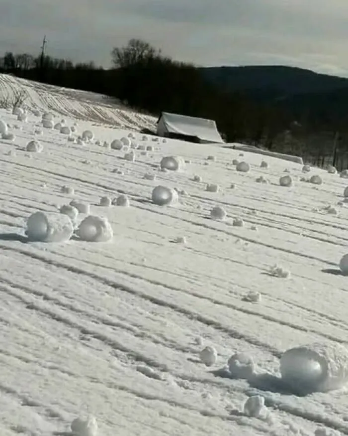 Campo cubierto de nieve con rodillos naturales, una escena curiosa entre las imágenes divertidas.