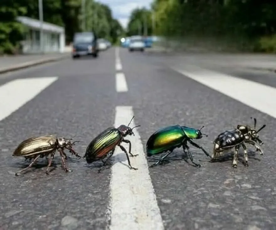 Escarabajos metálicos cruzando la calle como los Beatles, entre varias imágenes confusas y divertidas de internet.