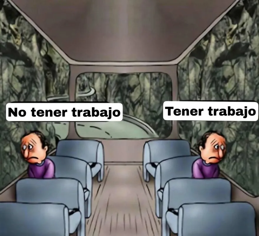 Meme de autobús con dos personas tristes, una de las imágenes confusas y divertidas sobre tener o no tener trabajo.