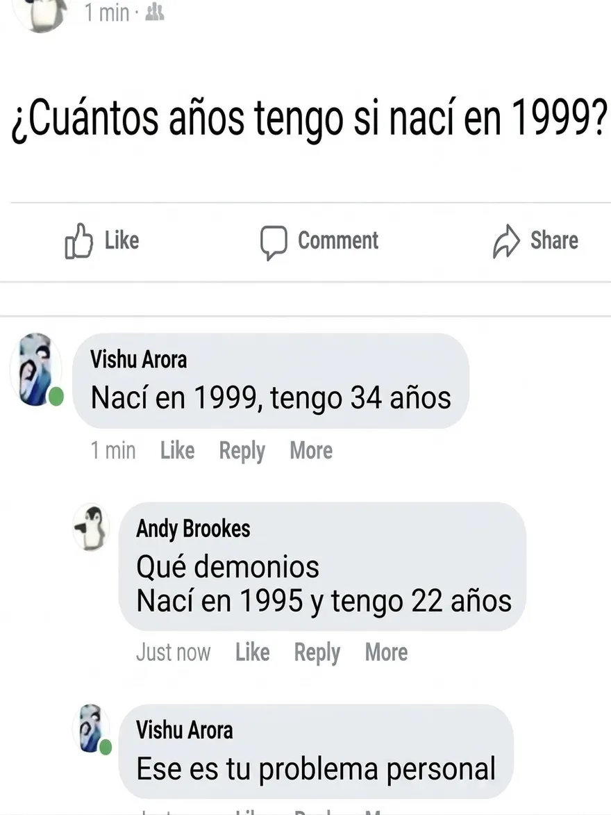 Captura de pantalla de comentarios absurdos sobre edades en redes sociales, entre imágenes confusas y divertidas